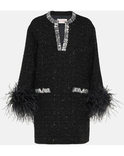 Valentino Feather-trimmed Tweed Minidress - Black