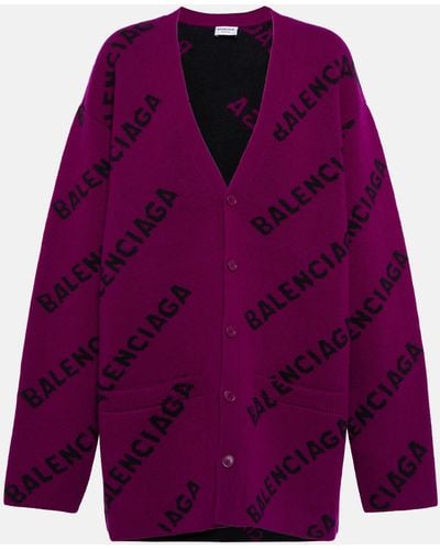 Balenciaga Logo Intarsia Wool Cardigan - Purple