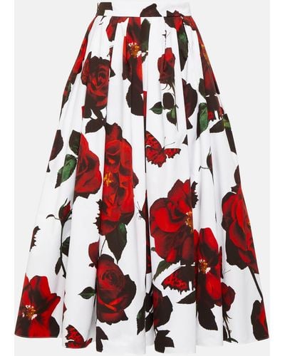 Alexander McQueen Pleated Floral Cotton Midi Skirt - Red