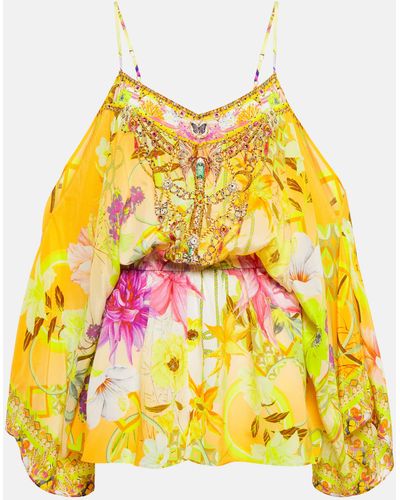 Camilla Floral Embellished Silk Playsuit - Yellow