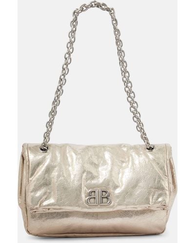 Balenciaga Monaco Small Metallic Leather Shoulder Bag - Natural
