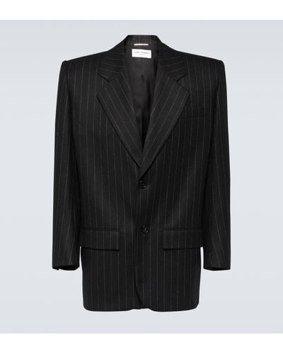 Saint Laurent Silk-trimmed Pinstriped Wool And Cotton-blend Blazer - Black