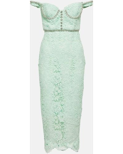 Self-Portrait Self Portrait Midi Dress In Floral Lace With Crystals - Green