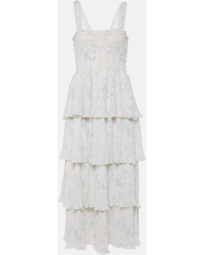 Ganni Floral Shirred Tiered Midi Dress - White