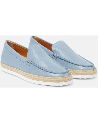 Tod's Raffia-trimmed Leather Loafers - Blue