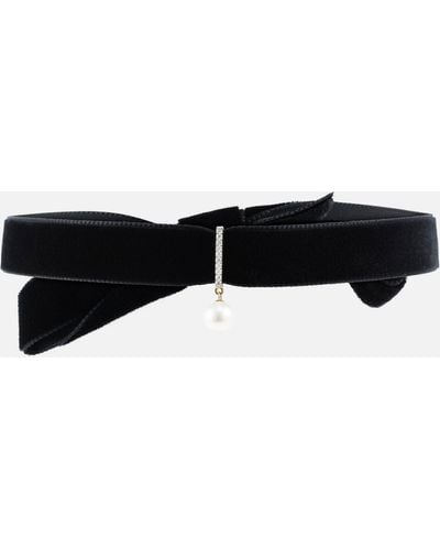 Mateo 14kt Gold And Velvet Choker With Pearl And Diamonds - Black