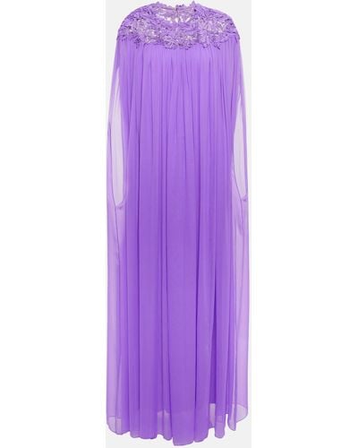 Oscar de la Renta Lace-trimmed Silk Crepe Gown - Purple