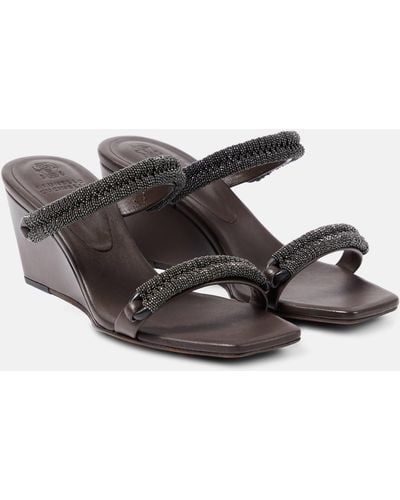 Brunello Cucinelli Leather Wedge Sandals - Brown