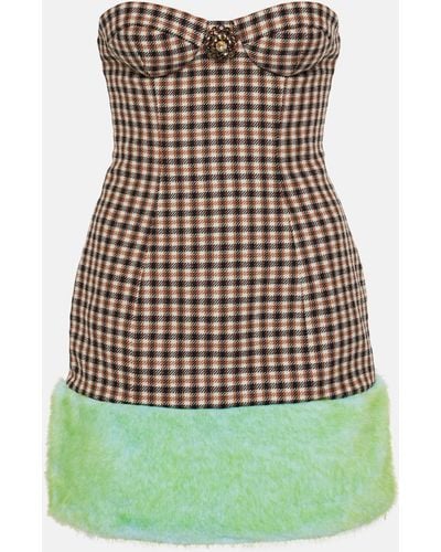 Area Faux Fur-trimmed Strapless Minidress - Green