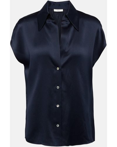 Vince Ruched Silk Satin Blouse - Blue