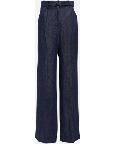 Gabriela Hearst Belted High-rise Wide-leg Linen Pants - Blue