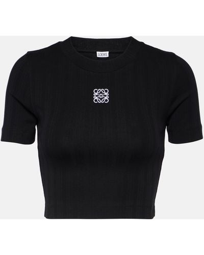 Loewe Anagram-embroidered Cropped Cotton-knit Top - Black