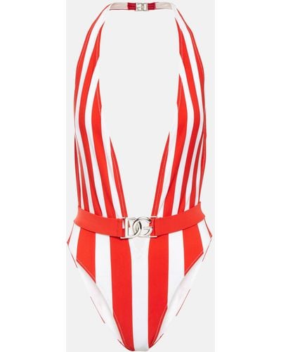 Dolce & Gabbana Portofino Striped Halterneck Swimsuit - Red