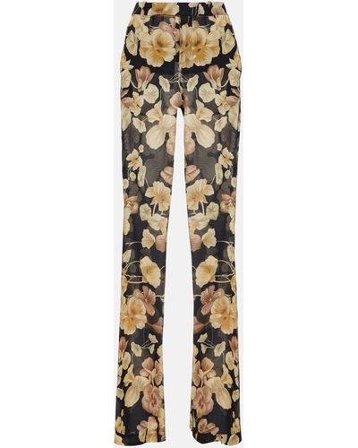 Saint Laurent Wide Leg Floral Silk Pants - Metallic