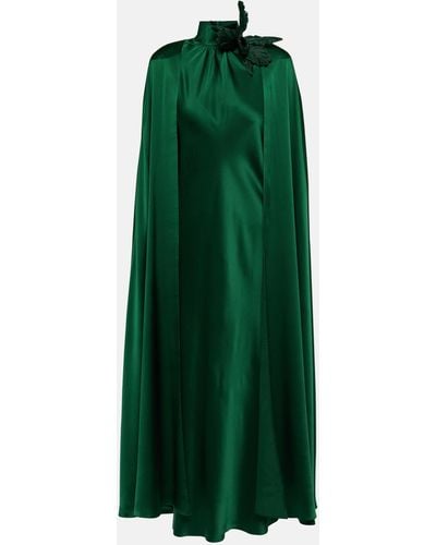 Rodarte Caped Embroidered Silk Satin Maxi Dress - Green