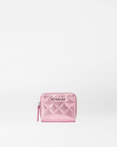 MZ Wallace Rose Metallic Leather Small Zip Round Wallet - Pink