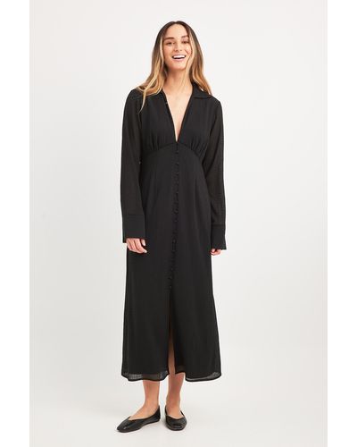 NA-KD Midi-jurk Met V-hals En Knopen Aan De Voorkant - Zwart