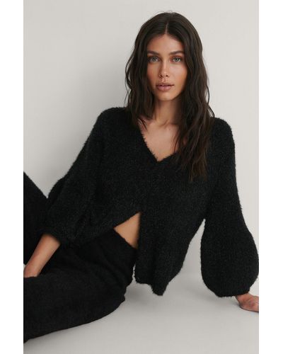 NA-KD Balloon Sleeve Short Knitted Cardigan - Schwarz