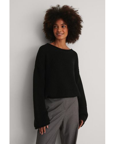 NA-KD Cropped Boat Neck Knitted Sweater - Zwart
