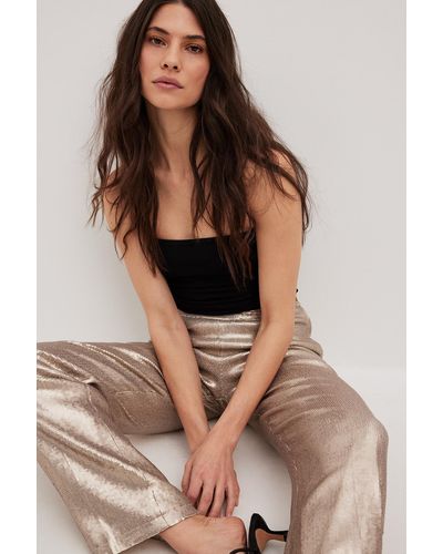 NA-KD Gold Mid Waist Loose Sequin Pants - Brown