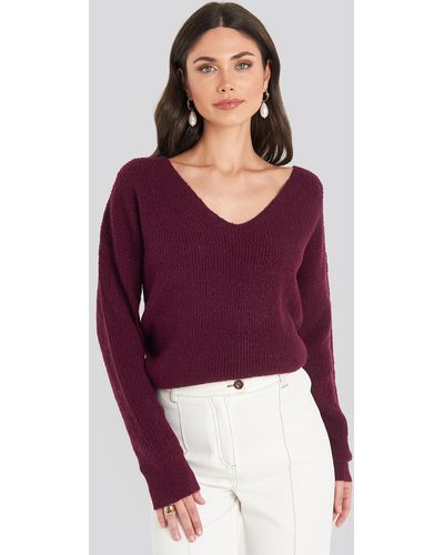 NA-KD Oversized V Neck Knitted Sweater - Paars