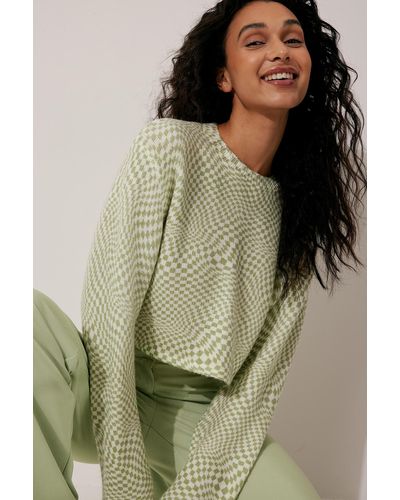 NA-KD Checkered Round Neck Knitted Sweater - Green
