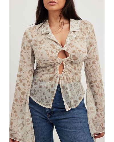 NA-KD Trend Fitted Long Sleeve Chiffon Blouse - Naturel