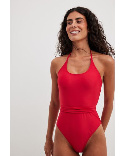 NA-KD Strappy Halterneck Swimsuit - Red