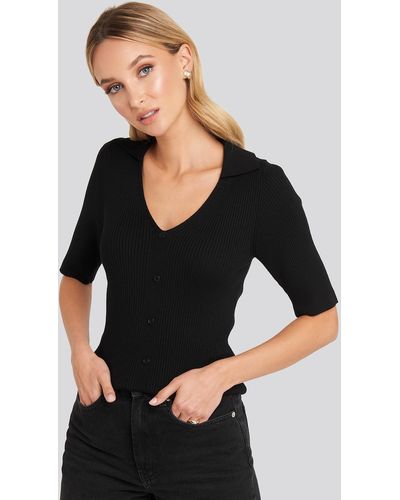 NA-KD Ribbed Knitted Buttoned Top - Zwart
