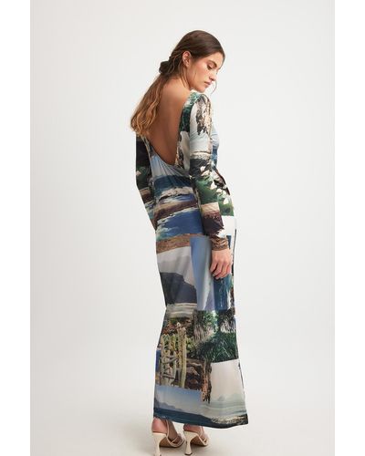 NA-KD Art Maxi-jurk Met Lange Mouwen En Fotografische Collage - Grijs