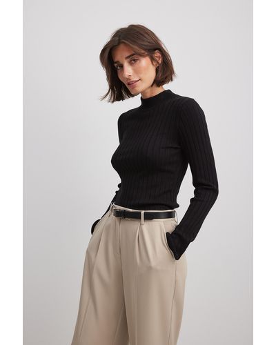 Long Sleeve Wide Ribbed Knitted Top Black