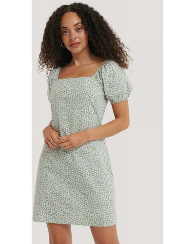 NA-KD Boho Bedrukte Mini-jurk Met Vierkante Halslijn - Groen