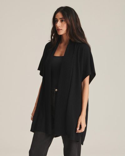 NAADAM Soft By 100% Cashmere Ribbed Collar Open Front Poncho - Black