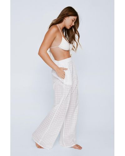 Nasty Gal Cotton Plaid Wide Leg Cover Up Pants - White