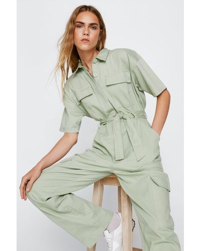 Nasty Gal Short Sleeve Twill Belted Utility Jumpsuit - Green