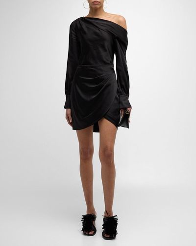 Jonathan Simkhai Cameron One-Shoulder Wrap-Skirt Satin Mini Dress - Black