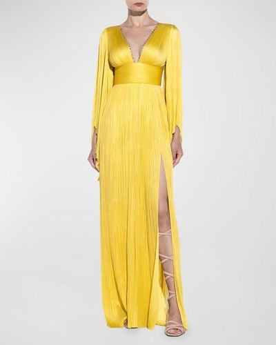 Maria Lucia Hohan Harlow Crystal Plunging Long-Sleeve Plisse Gown - Yellow