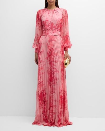 Teri Jon Pleated Floral-Print Blouson-Sleeve Gown - Pink