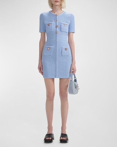Self-Portrait Short-Sleeve Knit Mini Dress - Blue