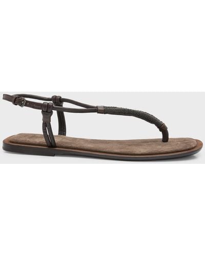 Brunello Cucinelli Monili Leather Thong Slingback Sandals - Metallic