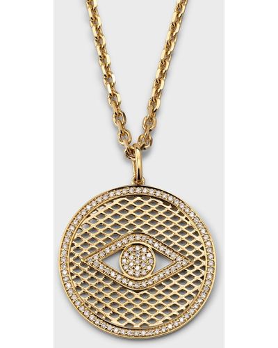 Sydney Evan 14K Diamond Evil Eye Lattice Disc Charm Necklace - Metallic