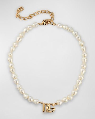 Dolce & Gabbana Plated Dg Logo Choker With Pearls - Natural