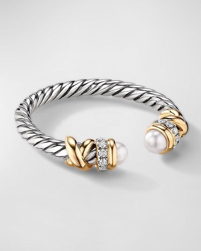 David Yurman Petite Helena Open Ring With Diamonds & Pearls - Metallic