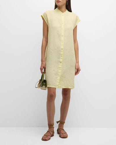 120% Lino Cap-Sleeve Button-Down Linen Mini Dress - Natural