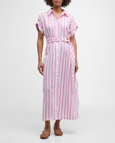 Finley Smithy Belted Striped Linen Maxi Shirtdress - Pink