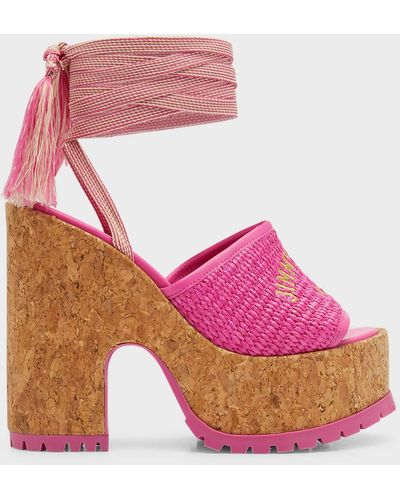 Jimmy Choo Gal Raffia Cork Ankle-tie Platform Sandals - Pink