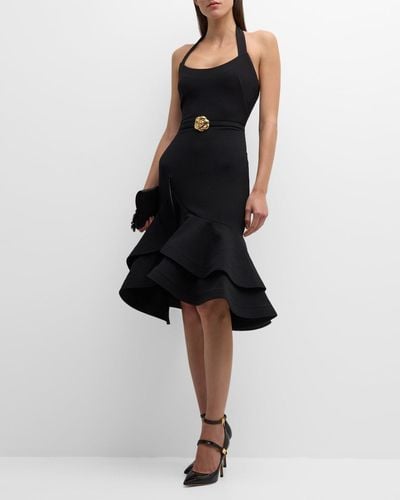 Oscar de la Renta Tiered-Ruffle Drop-Waist Halter Dress - Black