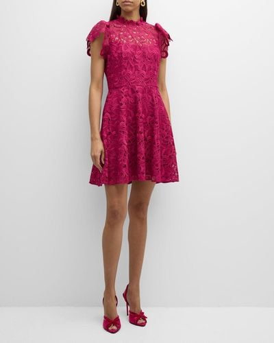 Shoshanna Everlie Mock-Neck Heart Lace Mini Dress - Purple