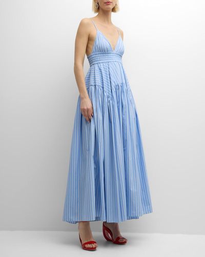 Rosetta Getty Striped Sleeveless Gathered Peplum Maxi Camisole Dress - Blue