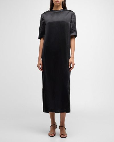 Loulou Studio Tuga Short-Sleeve Shift Satin Midi Dress - Black